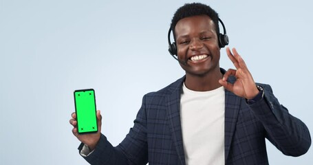 Poster - Black man, call center and phone green screen in advertising or customer service against a studio background. Portrait of African person or consultant showing mobile smartphone display, app or mockup