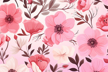 Wall Mural - Pink flowers and foliage on a blush pink background