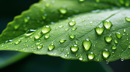  A close up of a green leaf with water droplets on it