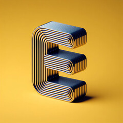 Wall Mural - 3D typography of the letter E on a yellow background. Chrome shiny texture, ridges, minimal