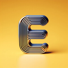 Wall Mural - 3D typography of the letter E on a yellow background. Chrome shiny texture, ridges, minimal