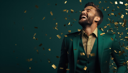 Wall Mural - Portrait of a man in a green suit on a Christmas green background