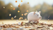 Coins falling to white piggy saving, Financial and money deposit concept