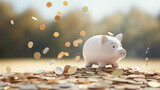 Fototapeta  - Coins falling to white piggy saving, Financial and money deposit concept