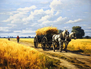 Harvesting Grains with Horse-Pulled Wagon