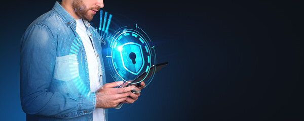 Poster - Young man using tablet, earth and cybersecurity hologram, shield with binary