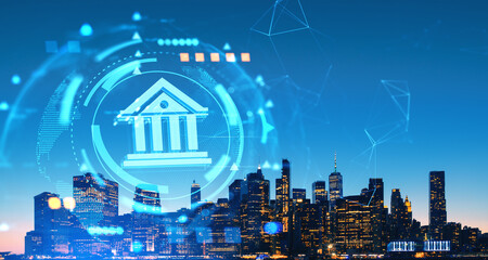 Poster - New York with digital bank glowing hologram with abstract lines and circles