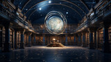 Fototapeta  - A celestial library with a planetarium-style ceiling, shelves of ancient scrolls, and a mystical atmosphere