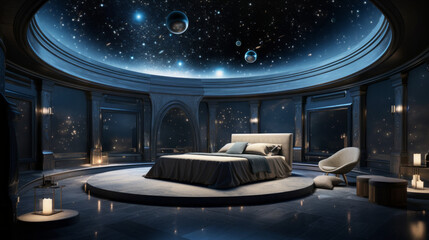 A celestial bedroom with a bed that gently rocks like a cradle and walls adorned with nebulae