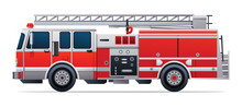 Red Fire Truck Vector Illustration. Emergency Rescue Truck Side View Isolated On White Background