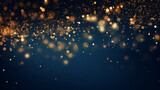Fototapeta Tęcza - Abstract background with gold stars, particles and sparkling on navy blue. Christmas Golden light shine particles bokeh on navy blue background. 2024 New year background. Gold foil texture