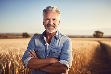 smiling mature male farmer standing in front of blurred wheat field