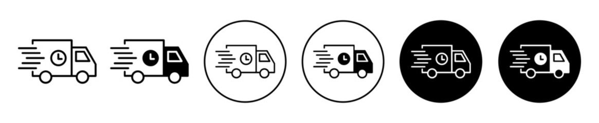 Poster - fast delivery truck icon. Express and quick delivery truck van vehicle symbol set. Online e commerce product shipping cargo truck vector. Free delivery distribution by courier line sign.