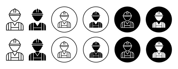 Poster - Construction worker icon. Mechanical engineering repair man doing labor work symbol set. Construction building employee with safety hat or helmet vector. Civil engineer or contractor line sign.