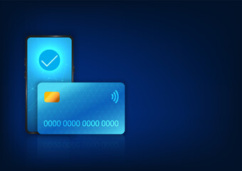 Poster - Smartphone technology Mobile phone set with credit card Smartphones linked to credit cards can be used to make payments through mobile scanning. and also use it to order products online