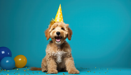 Wall Mural - golden doodle puppy enjoying a happy birthday