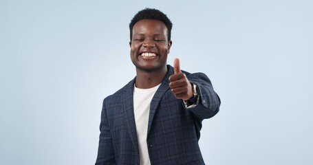 Poster - Happy black man, business and thumbs up in success, winning or good job against a studio background. Portrait of African businessman smile with like emoji, yes sign or OK for thank you or approval