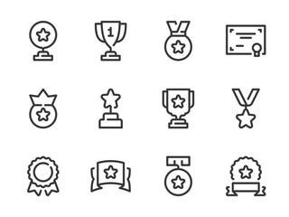 Poster - Awards, Prize Cup and Trophy vector line icons. Victory Medal and Winner Ribbon outline icon set. Trophy cup, Certificate, Diploma and more.