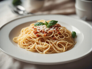 spaghetti with pesto sauce and fresh basil leaves in white shinny plate, blurry background with soft natural light
