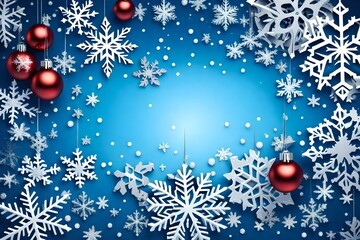 Wall Mural - Cherry blue Christmas frame of snow and silver snowflakes. Winter holidays greeting card with copy space. New Year.