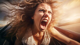 Fototapeta  - Aggressive woman driving car shouting at camera - woman yelling in anger - rode rage concept