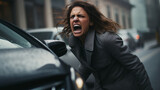 Fototapeta  - Aggressive woman shouting to a car driver - Angry woman yelling in a traffic  - rode rage concept