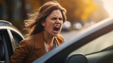 Fototapeta  - Aggressive woman shouting to a car driver - Angry woman yelling in a traffic to another taxi - rode rage concept