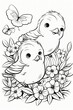 Coloring book of cute bird with flowers. Black and white pattern coloring page for kids