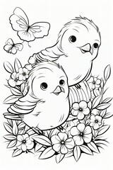 Coloring book of cute bird with flowers. Black and white pattern coloring page for kids