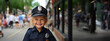 Süßes Kind als Polizist verkleidet und lacht in die Kamera im Querformat für Banner, ai generativ
