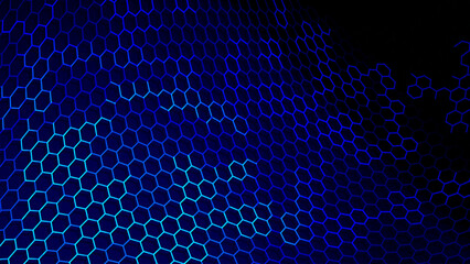Poster - Dark gradient blue glowing hexagon grid, technology science network digital background vector