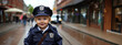 Süßes Kind als Polizist verkleidet und lacht in die Kamera im Querformat für Banner, ai generativ