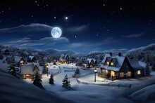 Christmas Village Winter At Night Backdrop, Christmas Background, AI Generated