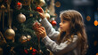Cute girl decorating christmass tree with ornaments