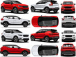 Realistic vector Cars Collection Blueprint in Red and White Color with gradients and trancperncye, front, back and side view.