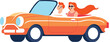 Hand Drawn Tourists drive convertibles car to the beach in flat style