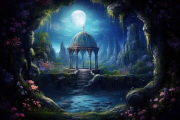Enchanted Garden. A gazebo overgrown with flowers, a waterfall and a night sky with a full moon. Landscape of fairies and elves. Post-processed digital, Generative AI 