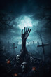 Scary halloween background with ghostly zombie hand and skulls in a haunted tomb graveyard at hight