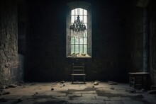 An Abandoned Room With A Tall Arched Window, A Chandelier, And Cobwebs Everywhere.