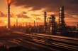 © Sebastian Studio - Sunset over an expansive industrial area with numerous metallic towers and pipes, and a smoking chimney in the background.