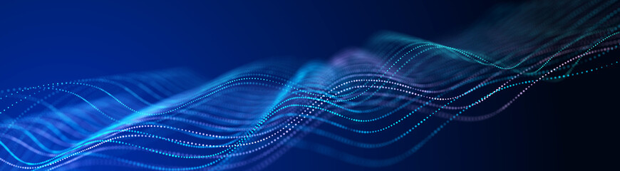 Fototapete - Futuristic pattern of dots smoothly moving in a wave. Abstract technology web banner. Background 3d grid. 3D rendering.