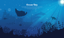 World Oceans Day Design With Underwater Ocean, Dolphin, Shark, Coral, Sea Plants, Stingray And Turtle. Let's Save Our Oceans.