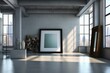 Empty frame in contemporary room, digital rendering, virtual image. Generative AI