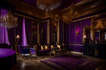 Wall Mural - A Photograph of a lavishly adorned interior, with opulent textured wallpapers in rich golds and velvety purples, exuding elegance and sophistication.