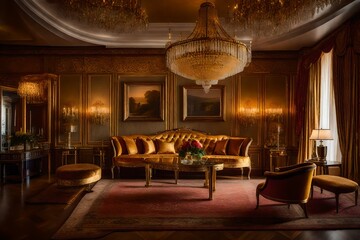 Sticker - A Photograph: Capturing the essence of opulence, a sumptuous interior adorned with plush furniture and richly patterned wallpapers, bathed in warm golden hues, emanates a timeless elegance.