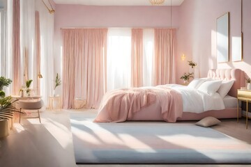 Sticker - A Photograph showcasing the serene interior of a bedroom bathed in soft, golden morning light.