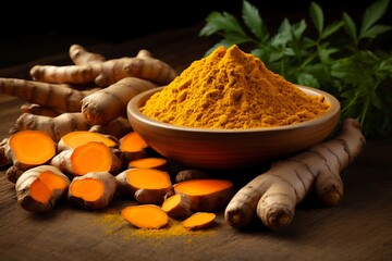 Wall Mural - Turmeric powder and fresh turmeric roots on wooden table