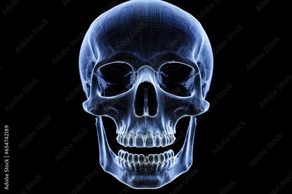 Black background with AP and Lateral x ray images of human skull の ...