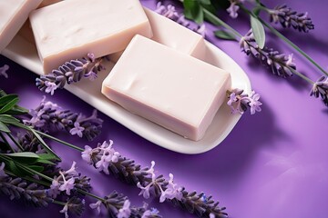 Poster - Flat lay with homemade soap bars and lavender flowers on purple background