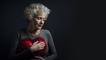 Wall Mural - An elderly woman hugs her heart - the fight against a serious illness